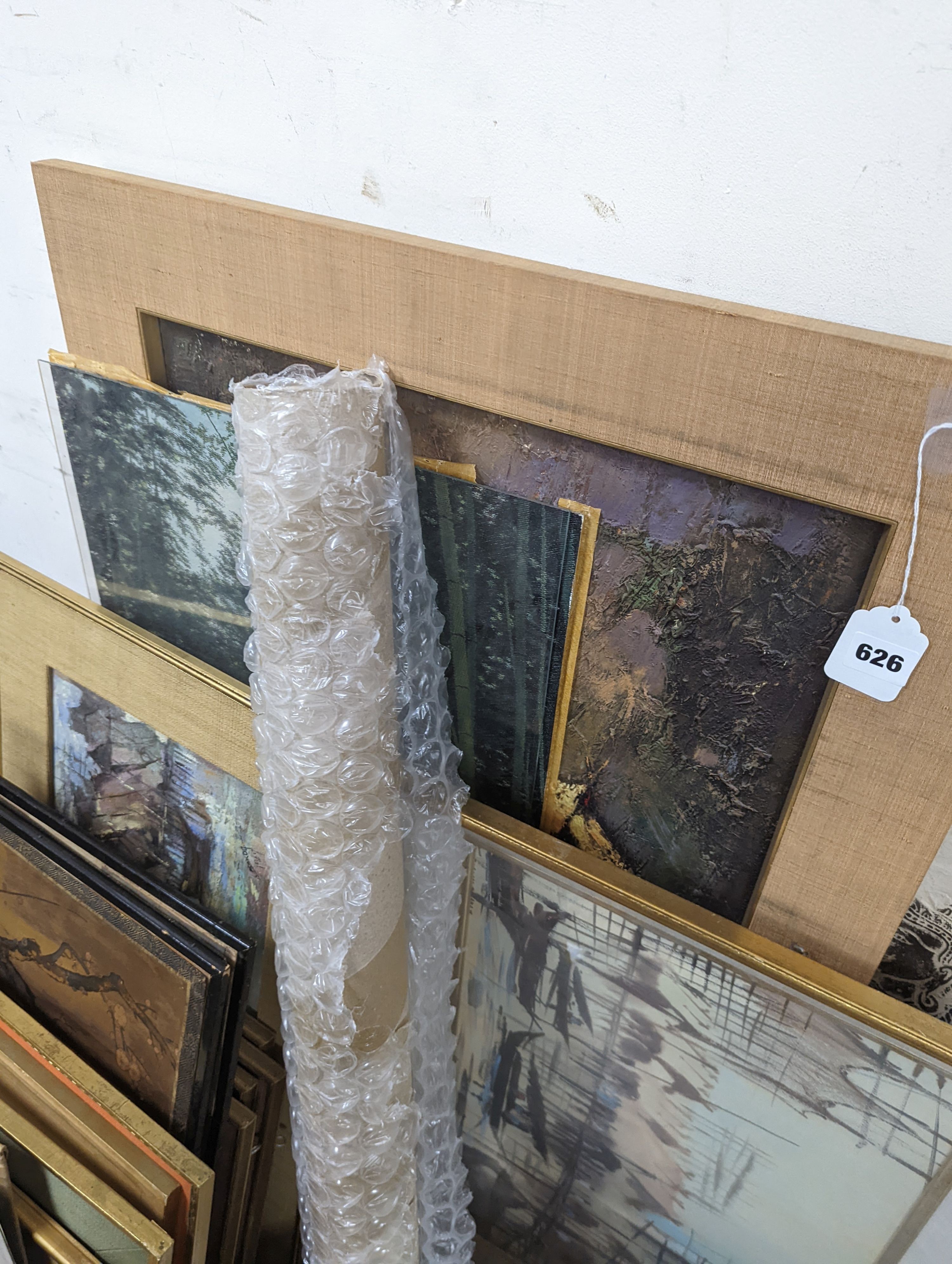A large collection of assorted 20th century Asian pictures and textile panels